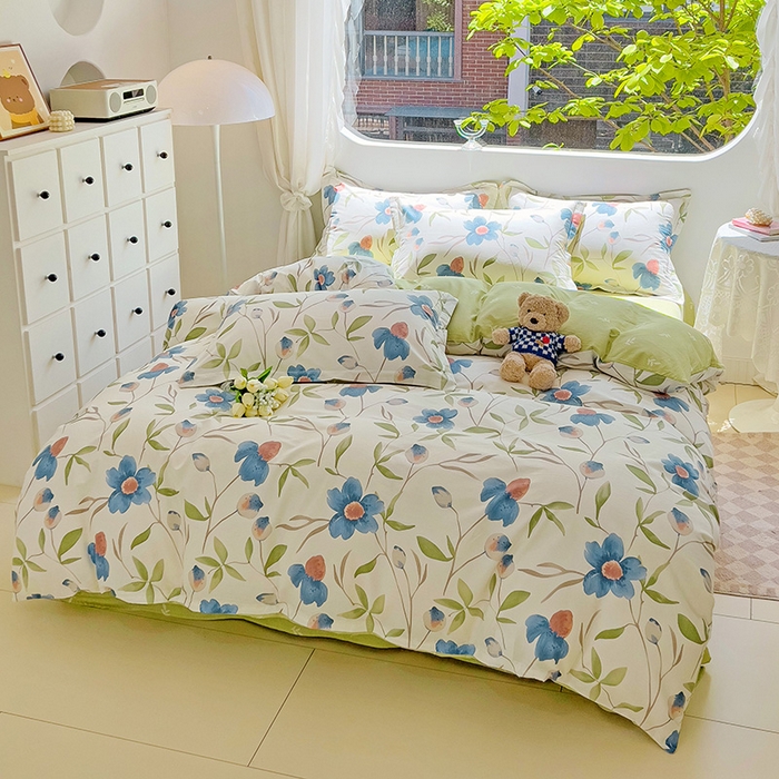 91家纺网 家纺一手货源 找家纺 曲之慕 2026春夏新款全棉纯棉小清新印花系列四件套床单床笠 依梦