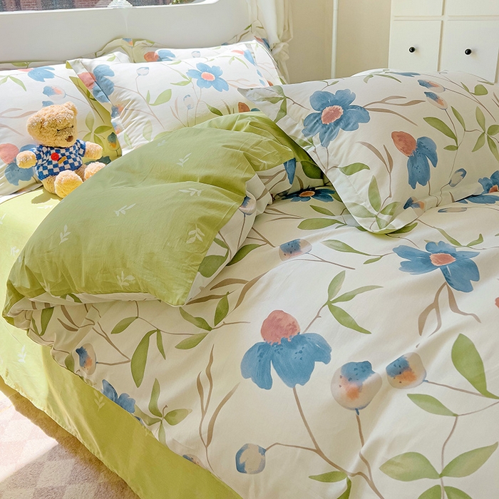 91家纺网 家纺一手货源 找家纺 曲之慕 2026春夏新款全棉纯棉小清新印花系列四件套床单床笠 依梦