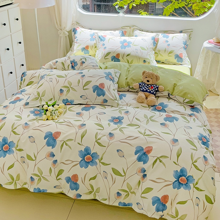 91家纺网 家纺一手货源 找家纺 曲之慕 2026春夏新款全棉纯棉小清新印花系列四件套床单床笠 依梦