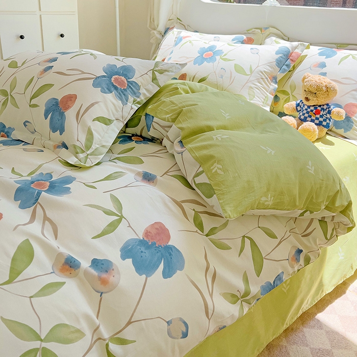 91家纺网 家纺一手货源 找家纺 曲之慕 2026春夏新款全棉纯棉小清新印花系列四件套床单床笠 依梦