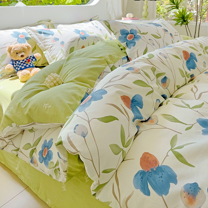 91家纺网 家纺一手货源 找家纺 曲之慕 2026春夏新款全棉纯棉小清新印花系列四件套床单床笠 依梦