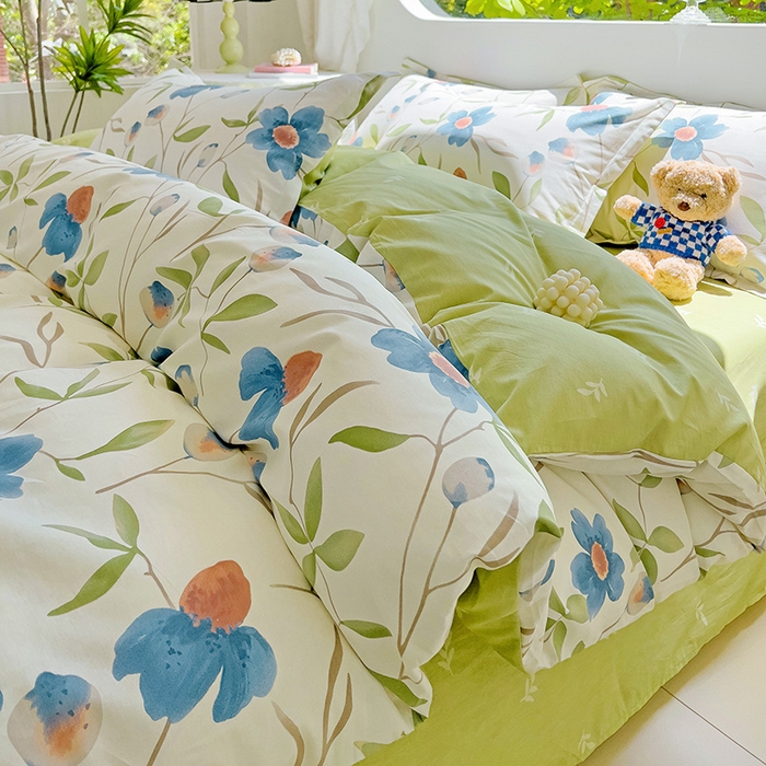 91家纺网 家纺一手货源 找家纺 曲之慕 2026春夏新款全棉纯棉小清新印花系列四件套床单床笠 依梦