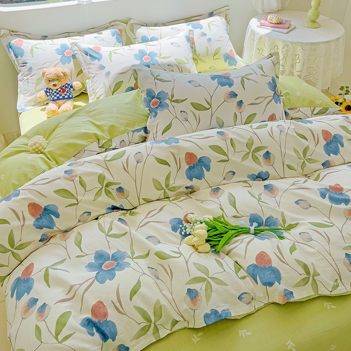 91家纺网 家纺一手货源 找家纺 曲之慕 2026春夏新款全棉纯棉小清新印花系列四件套床单床笠 依梦