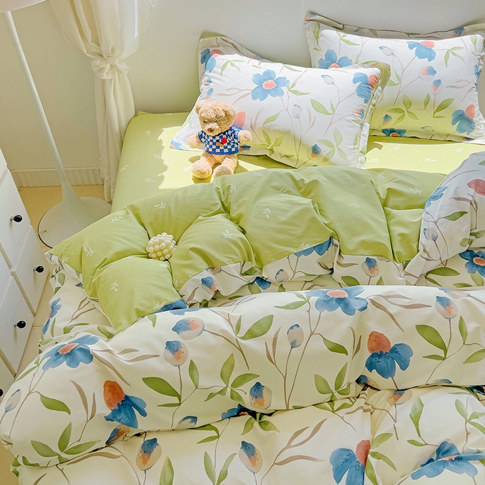 91家纺网 家纺一手货源 找家纺 曲之慕 2026春夏新款全棉纯棉小清新印花系列四件套床单床笠 依梦