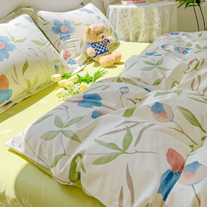 91家纺网 家纺一手货源 找家纺 曲之慕 2026春夏新款全棉纯棉小清新印花系列四件套床单床笠 依梦