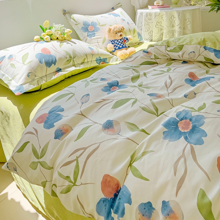 91家纺网 家纺一手货源 找家纺 曲之慕 2026春夏新款全棉纯棉小清新印花系列四件套床单床笠 依梦