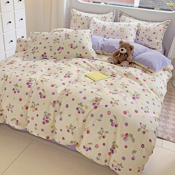 91家纺网 家纺一手货源 找家纺 曲之慕 2026春夏新款全棉纯棉小清新印花系列四件套床单床笠 樱桃可可