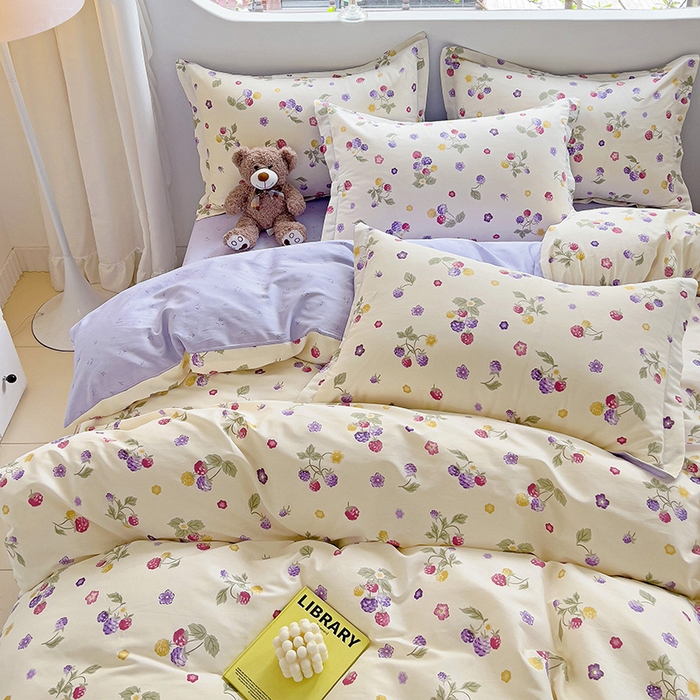 91家纺网 家纺一手货源 找家纺 曲之慕 2026春夏新款全棉纯棉小清新印花系列四件套床单床笠 樱桃可可