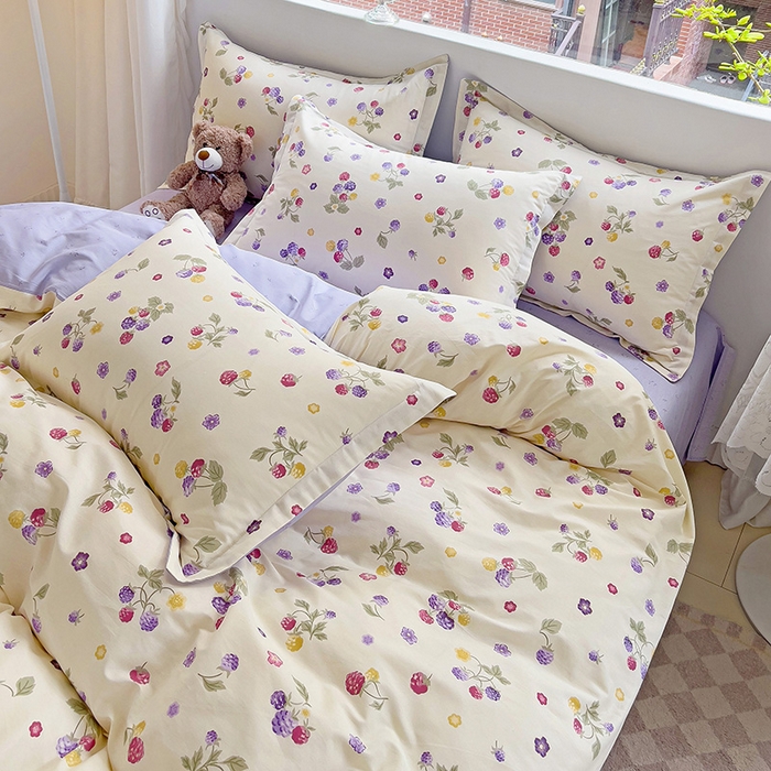 91家纺网 家纺一手货源 找家纺 曲之慕 2026春夏新款全棉纯棉小清新印花系列四件套床单床笠 樱桃可可