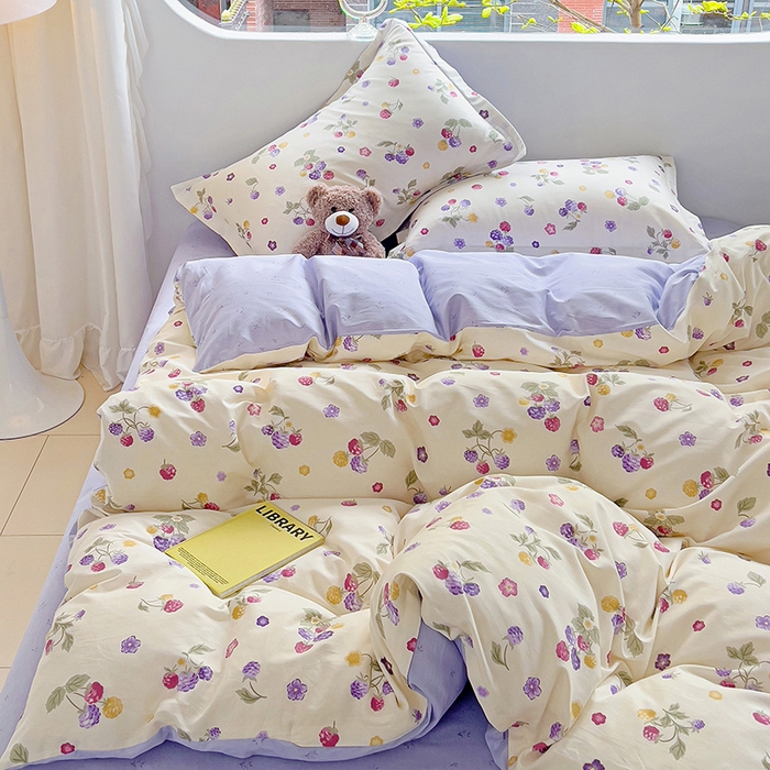 91家纺网 家纺一手货源 找家纺 曲之慕 2026春夏新款全棉纯棉小清新印花系列四件套床单床笠 樱桃可可