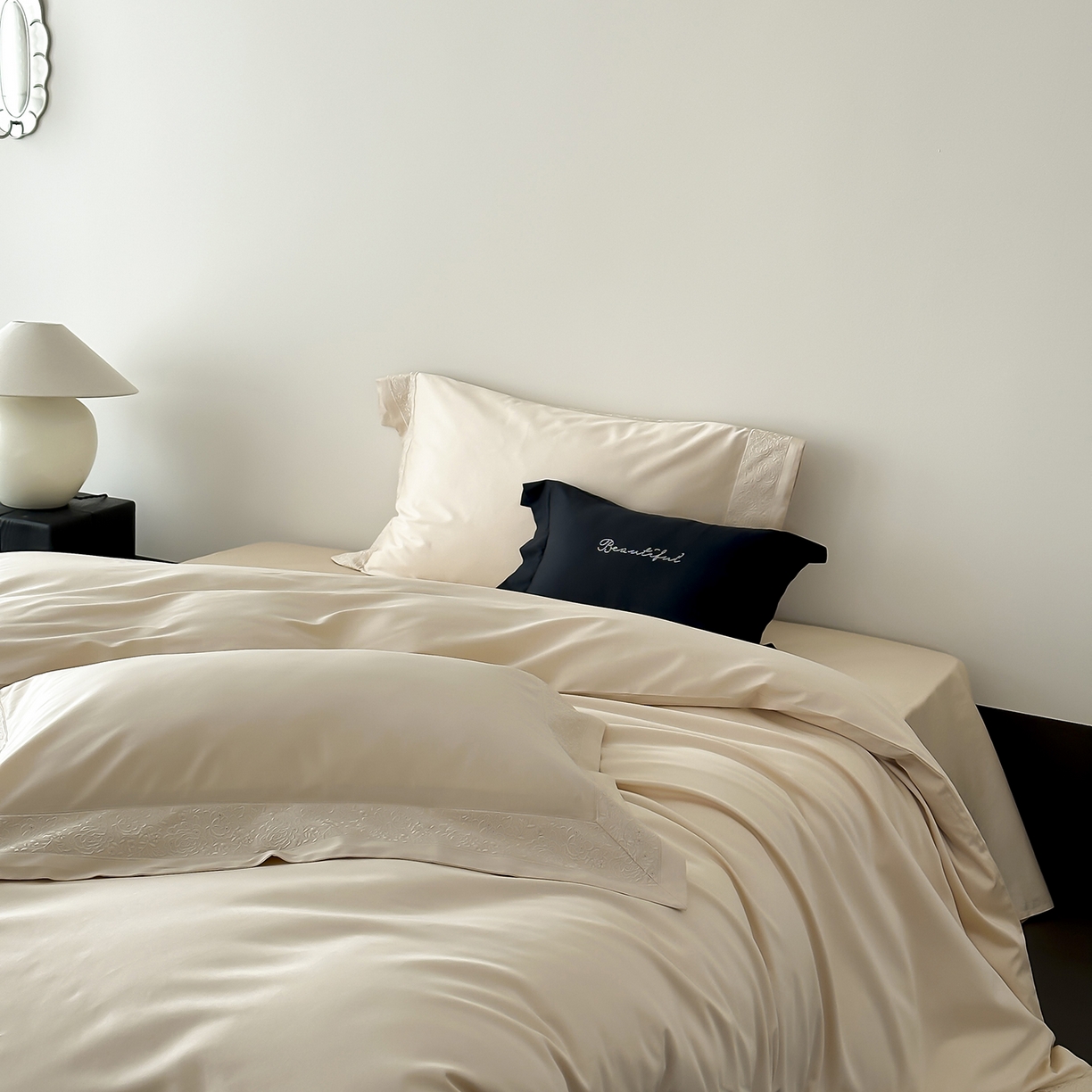 91家纺网 家纺一手货源 找家纺 佳汐蓝家纺 2025新款全棉刺绣花边四件套-妮娅 妮娅-香槟色