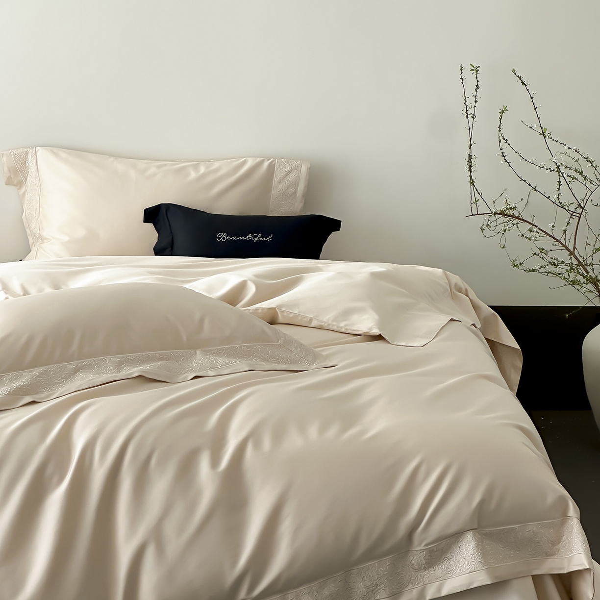 91家纺网 家纺一手货源 找家纺 佳汐蓝家纺 2025新款全棉刺绣花边四件套-妮娅 妮娅-香槟色