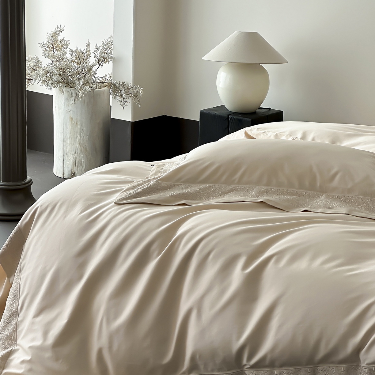 91家纺网 家纺一手货源 找家纺 佳汐蓝家纺 2025新款全棉刺绣花边四件套-妮娅 妮娅-香槟色