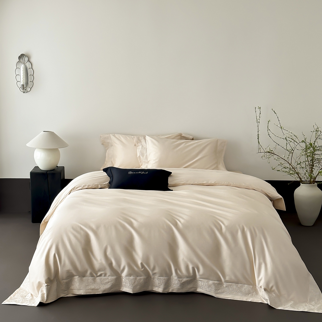 佳汐蓝家纺 2025新款全棉刺绣花边四件套-妮娅 妮娅-香槟色