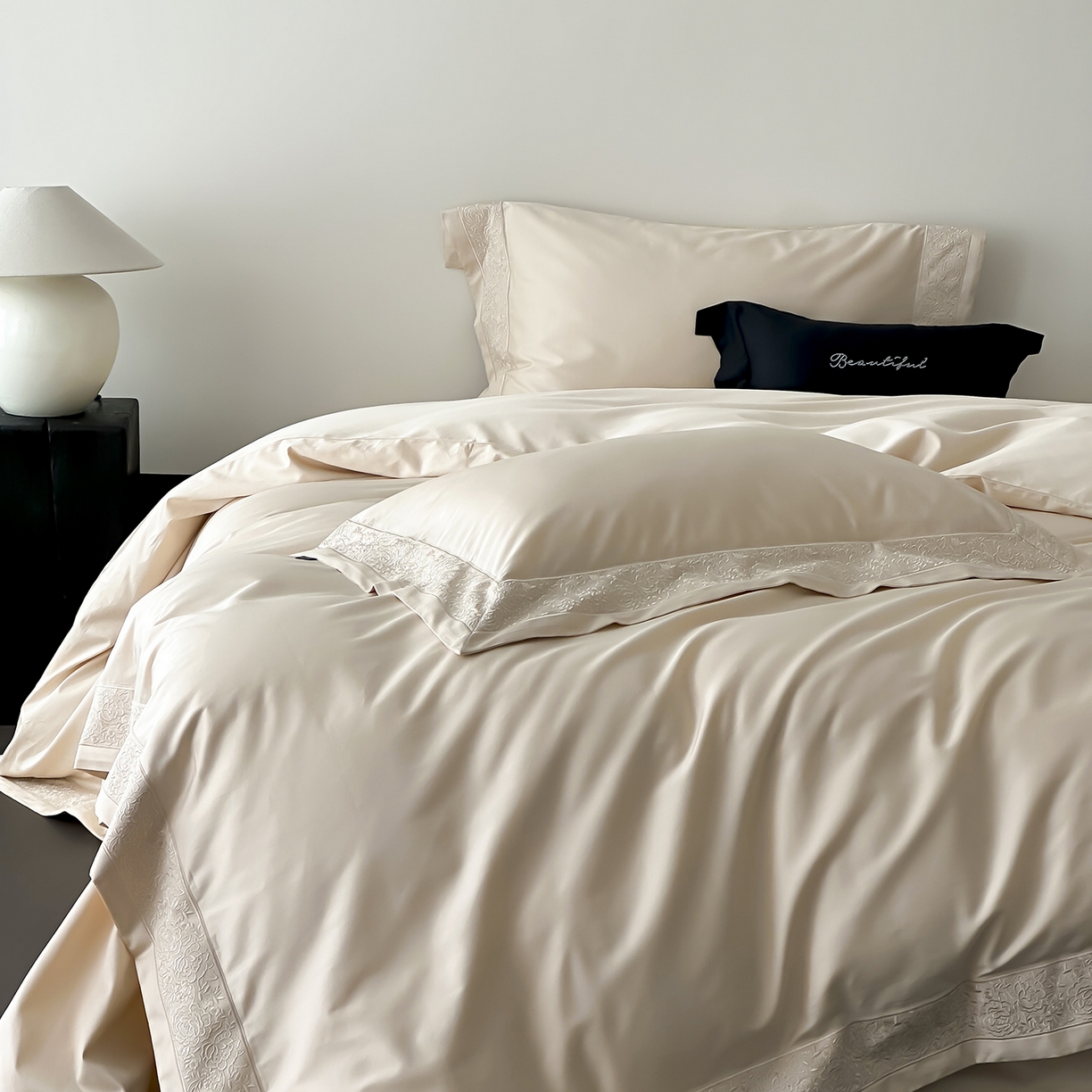 91家纺网 家纺一手货源 找家纺 佳汐蓝家纺 2025新款全棉刺绣花边四件套-妮娅 妮娅-香槟色