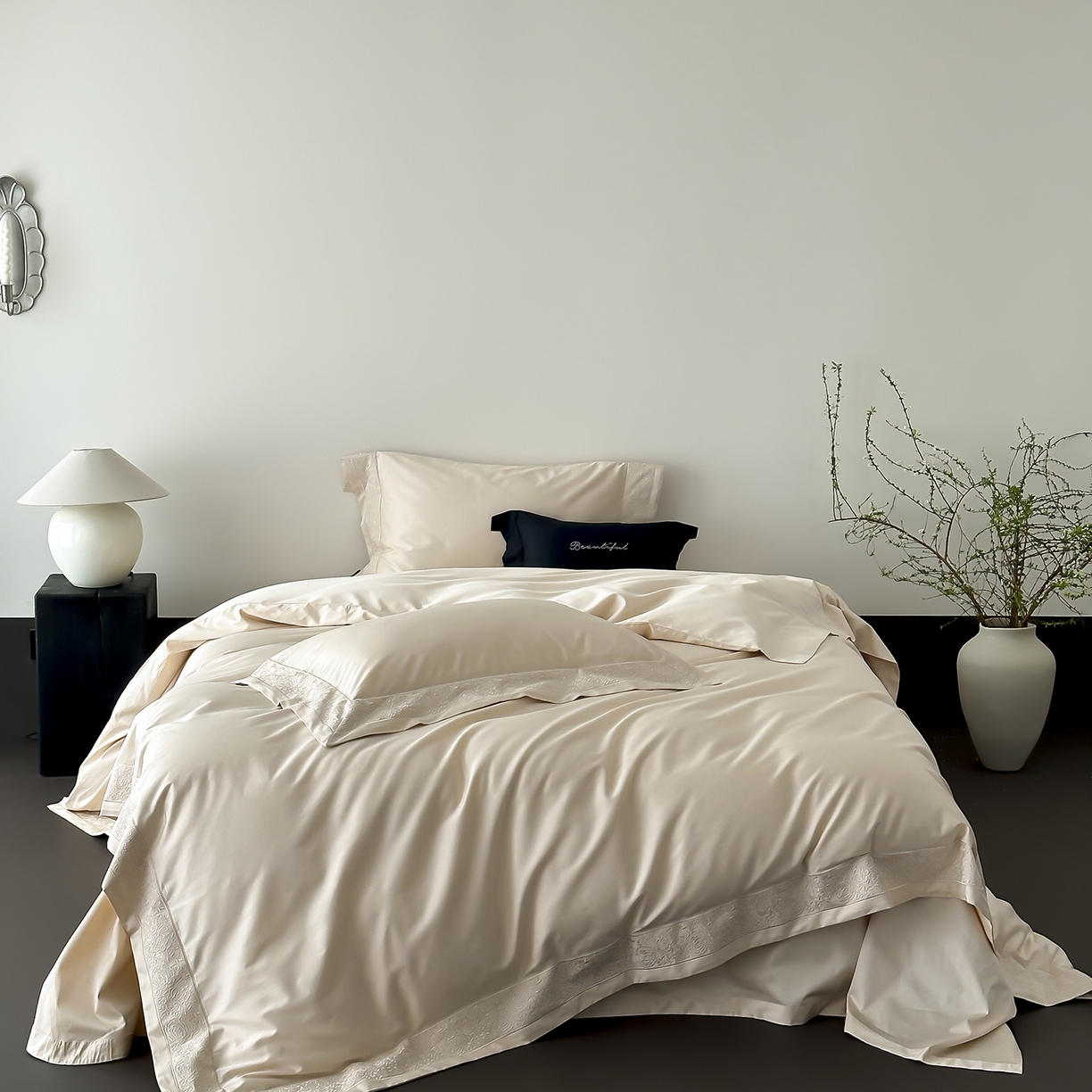 91家纺网 家纺一手货源 找家纺 佳汐蓝家纺 2025新款全棉刺绣花边四件套-妮娅 妮娅-香槟色