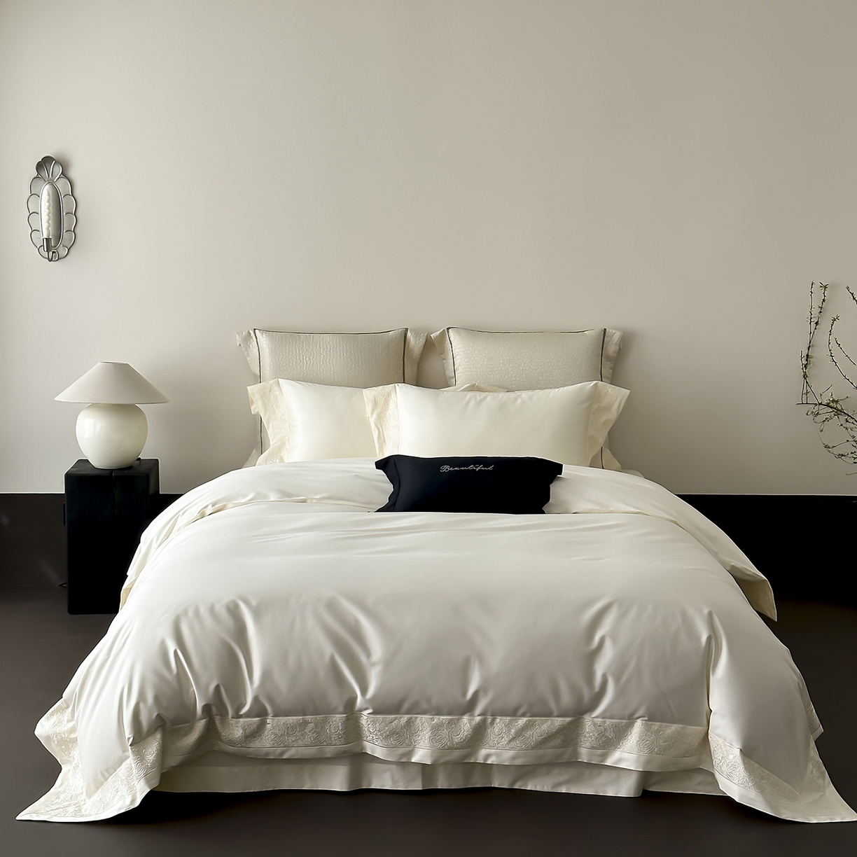 佳汐蓝家纺 2025新款全棉刺绣花边四件套-妮娅 妮娅-米白色