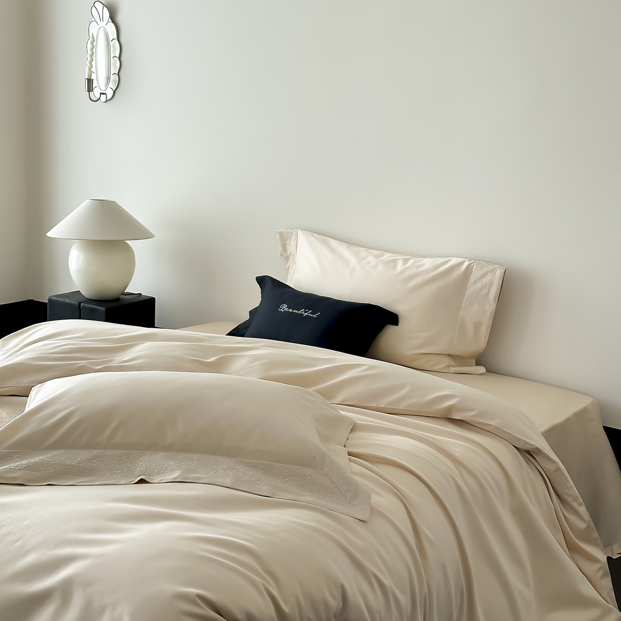 91家纺网 家纺一手货源 找家纺 佳汐蓝家纺 2025新款全棉刺绣花边四件套-妮娅 妮娅-香槟色