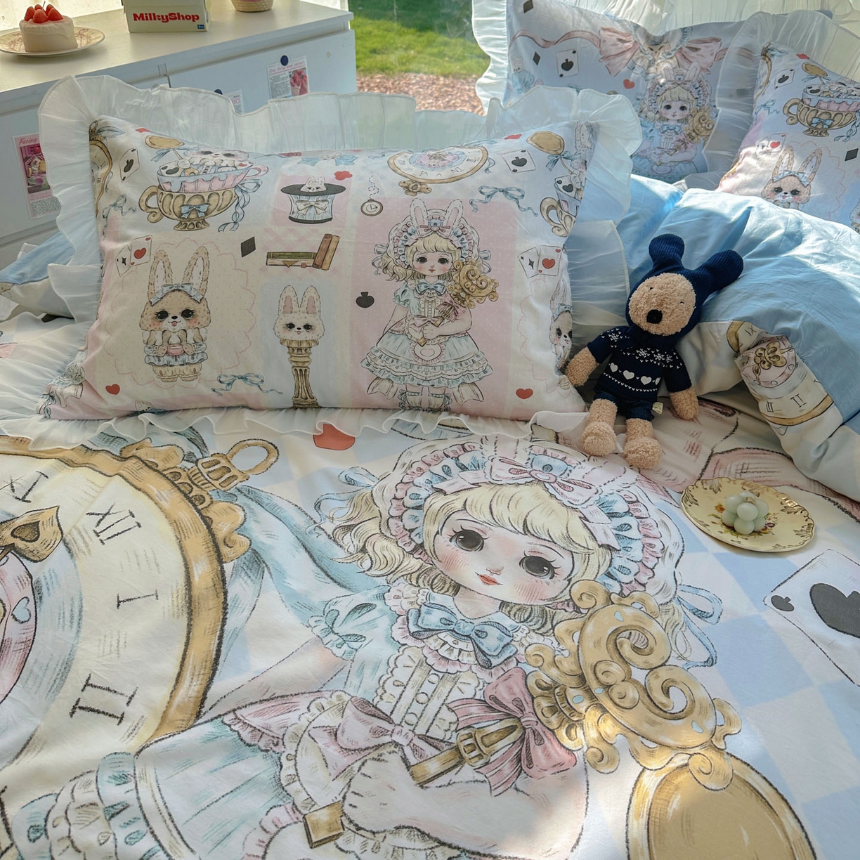 91家纺网 家纺一手货源 找家纺 希诺家居 2025新款纯棉洛丽塔风花边韩版萝莉风奶油风可爱卡通全棉四件套 爱丽丝