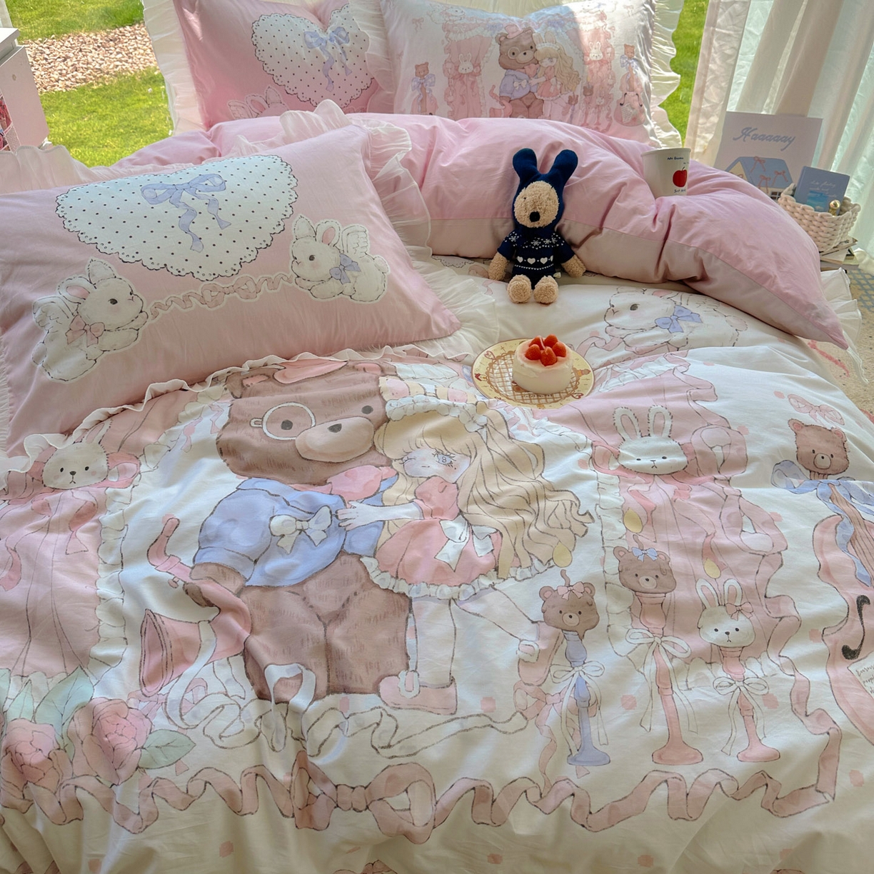 91家纺网 家纺一手货源 找家纺 希诺家居 2025新款纯棉洛丽塔风花边韩版萝莉风奶油风可爱卡通全棉四件套 告白序曲