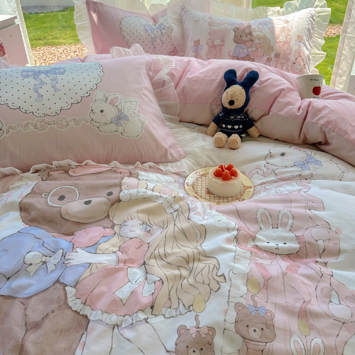 91家纺网 家纺一手货源 找家纺 希诺家居 2025新款纯棉洛丽塔风花边韩版萝莉风奶油风可爱卡通全棉四件套 告白序曲