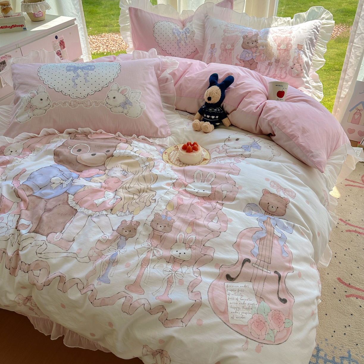 91家纺网 家纺一手货源 找家纺 希诺家居 2025新款纯棉洛丽塔风花边韩版萝莉风奶油风可爱卡通全棉四件套 告白序曲