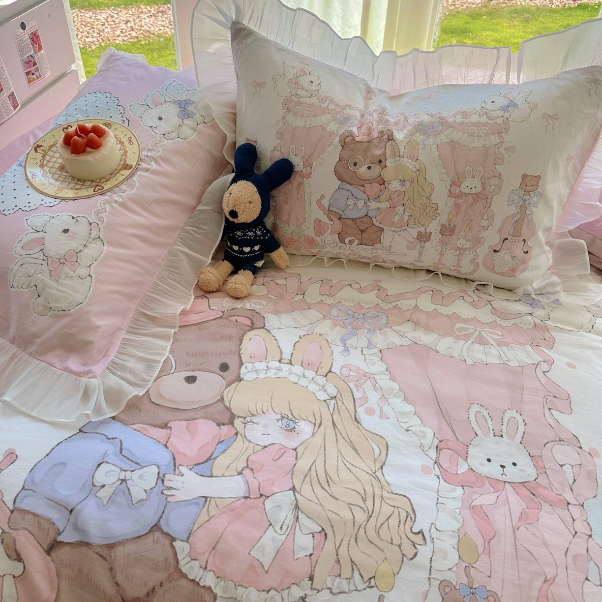 91家纺网 家纺一手货源 找家纺 希诺家居 2025新款纯棉洛丽塔风花边韩版萝莉风奶油风可爱卡通全棉四件套 告白序曲