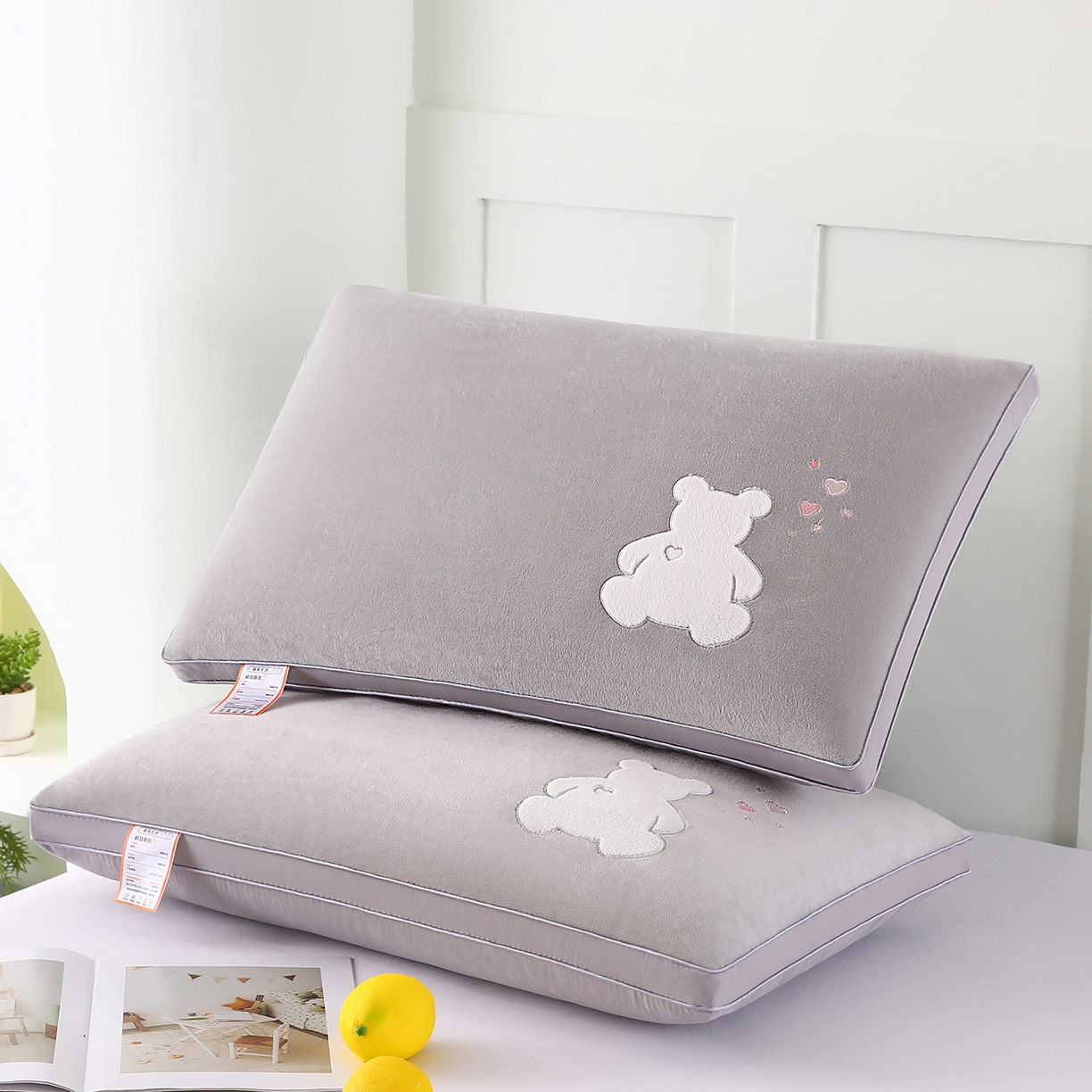 永乐枕芯 2025新款热绒款贴布绣枕头枕芯 小熊-浅灰