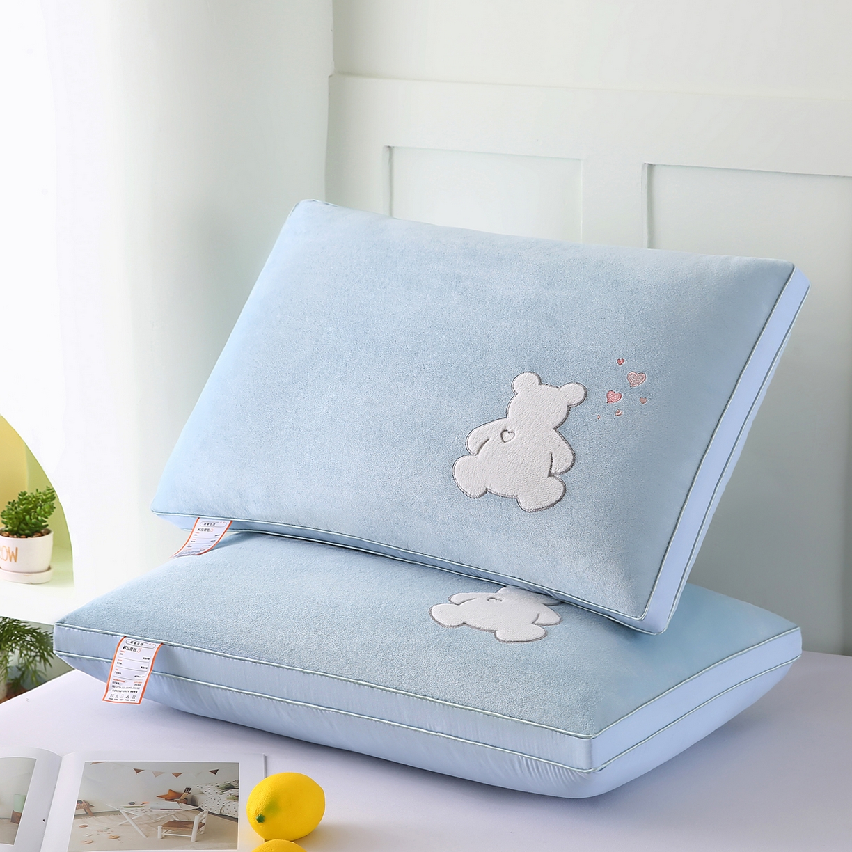永乐枕芯 2025新款热绒款贴布绣枕头枕芯 小熊-天蓝