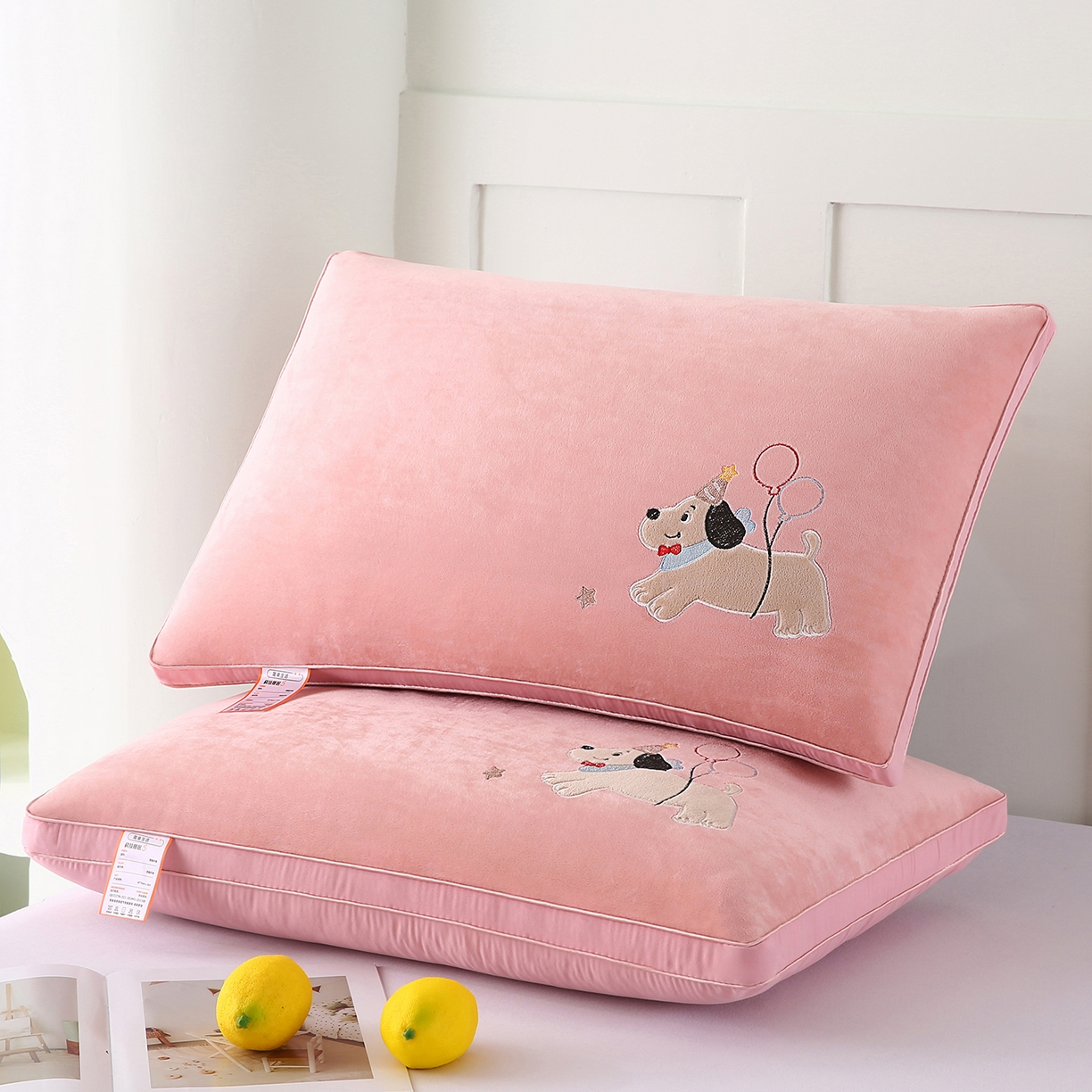 永乐枕芯 2025新款热绒款贴布绣枕头枕芯 小狗-粉玉