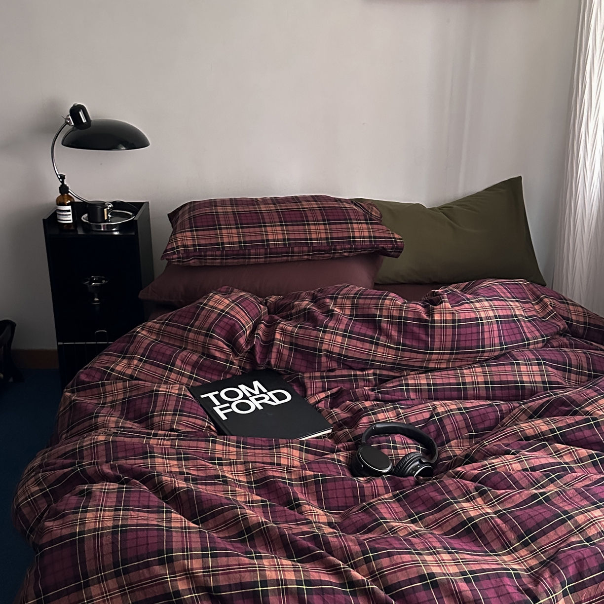 91家纺网 家纺一手货源 找家纺 柚可家居 2026新款色织水洗棉全棉四件套-落日西雅图（券后标准不低于258元，加大不低于278元）会员-5元 落日西雅图（枕套格子+ 橄榄绿）