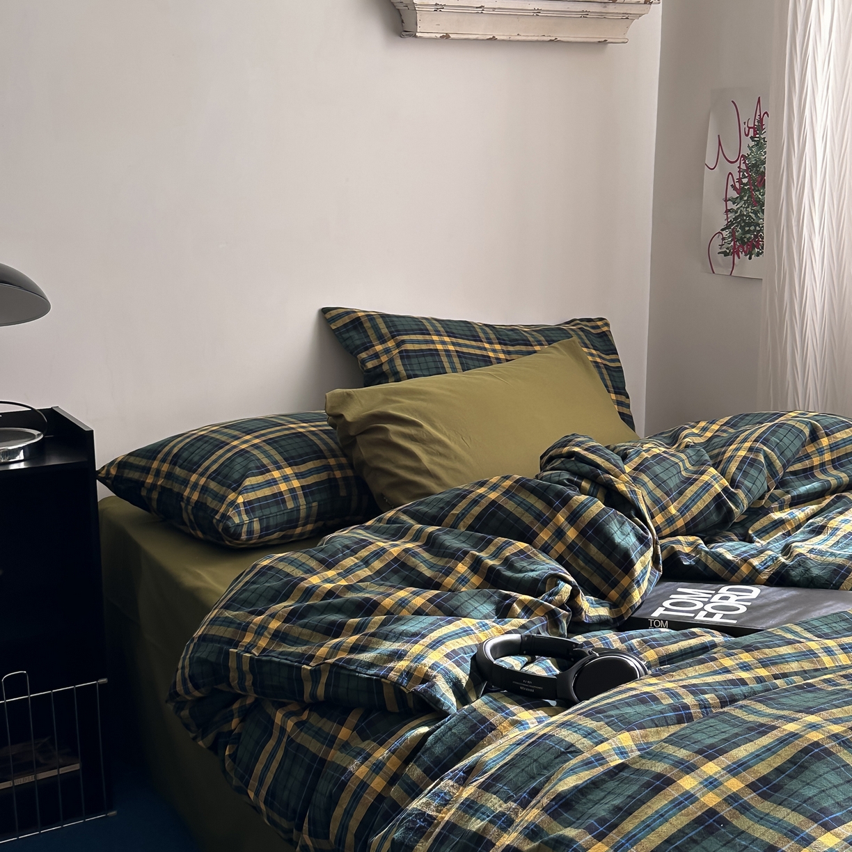 91家纺网 家纺一手货源 找家纺 柚可家居 2026新款色织水洗棉全棉四件套-弥生树（券后标准不低于258元，加大不低于278元）会员-5元 弥生树（枕套格子+橄榄绿）