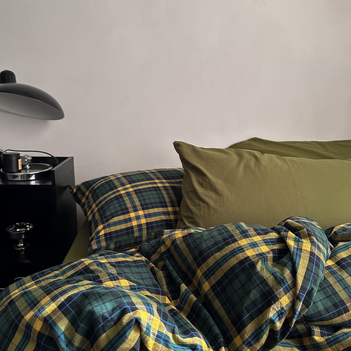 91家纺网 家纺一手货源 找家纺 柚可家居 2026新款色织水洗棉全棉四件套-弥生树（券后标准不低于258元，加大不低于278元）会员-5元 弥生树（枕套格子+橄榄绿）