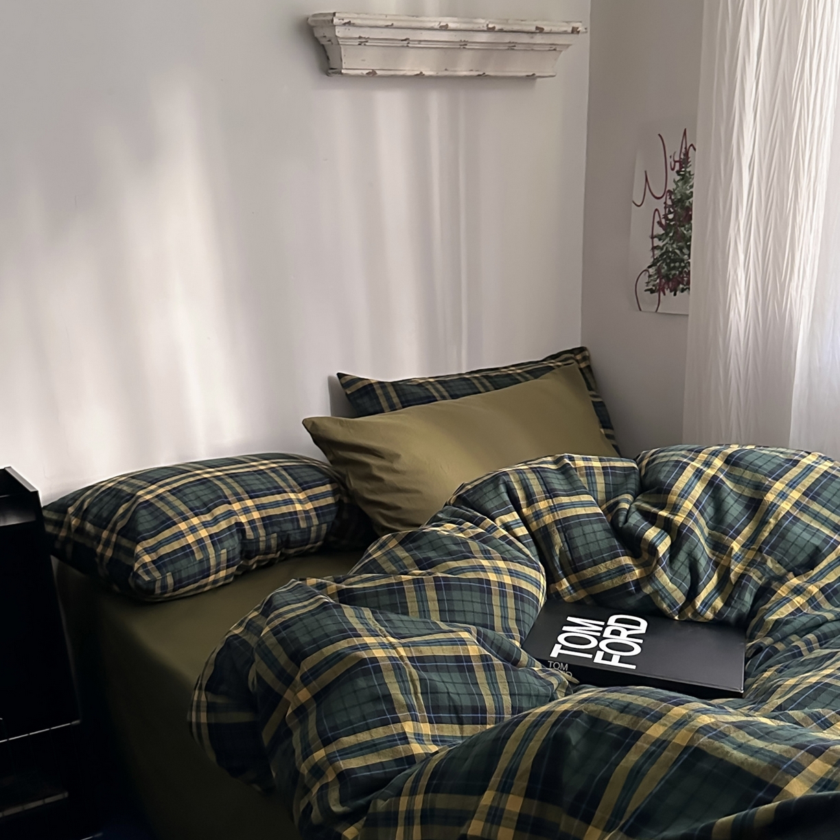 91家纺网 家纺一手货源 找家纺 柚可家居 2026新款色织水洗棉全棉四件套-弥生树（券后标准不低于258元，加大不低于278元）会员-5元 弥生树（枕套格子+橄榄绿）