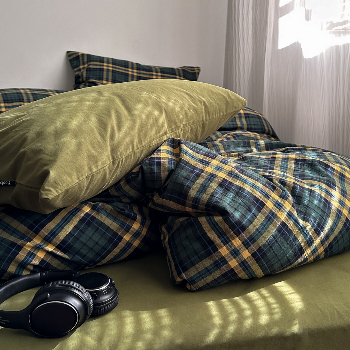 91家纺网 家纺一手货源 找家纺 柚可家居 2026新款色织水洗棉全棉四件套-弥生树（券后标准不低于258元，加大不低于278元）会员-5元 弥生树（枕套格子+橄榄绿）