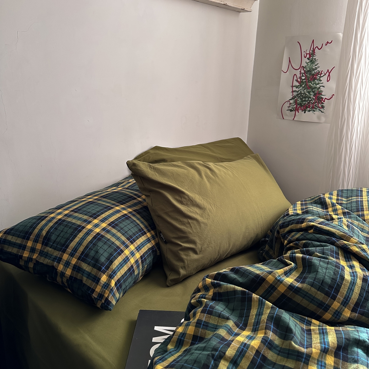 91家纺网 家纺一手货源 找家纺 柚可家居 2026新款色织水洗棉全棉四件套-弥生树（券后标准不低于258元，加大不低于278元）会员-5元 弥生树（枕套格子+橄榄绿）