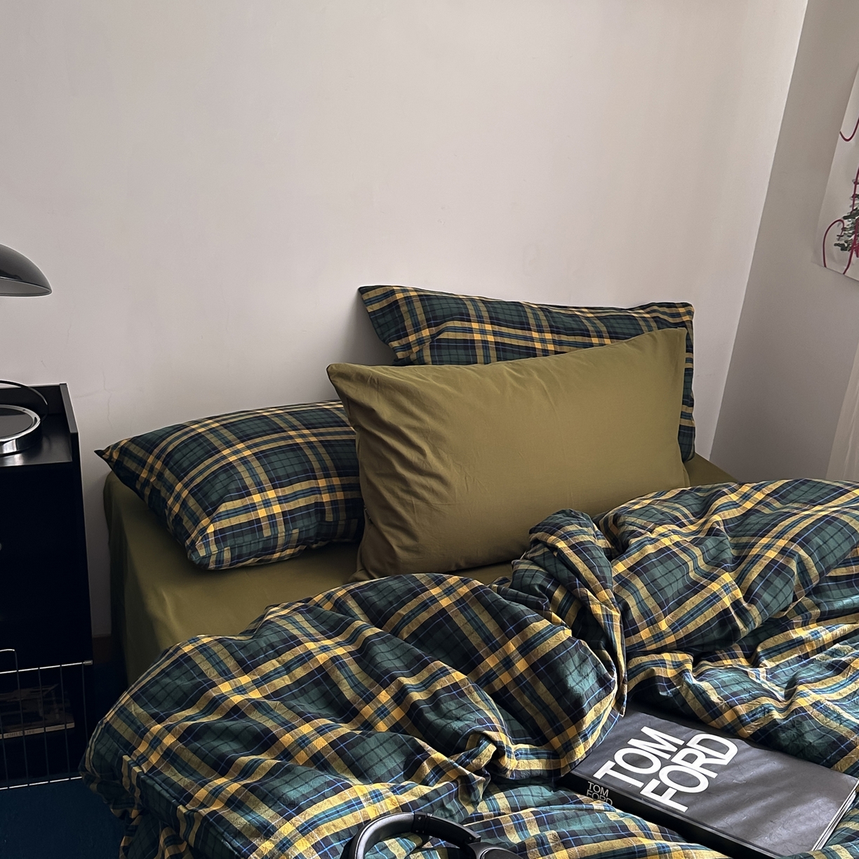 91家纺网 家纺一手货源 找家纺 柚可家居 2026新款色织水洗棉全棉四件套-弥生树（券后标准不低于258元，加大不低于278元）会员-5元 弥生树（枕套格子+橄榄绿）