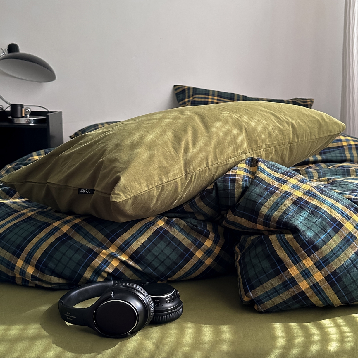 91家纺网 家纺一手货源 找家纺 柚可家居 2026新款色织水洗棉全棉四件套-弥生树（券后标准不低于258元，加大不低于278元）会员-5元 弥生树（枕套格子+橄榄绿）