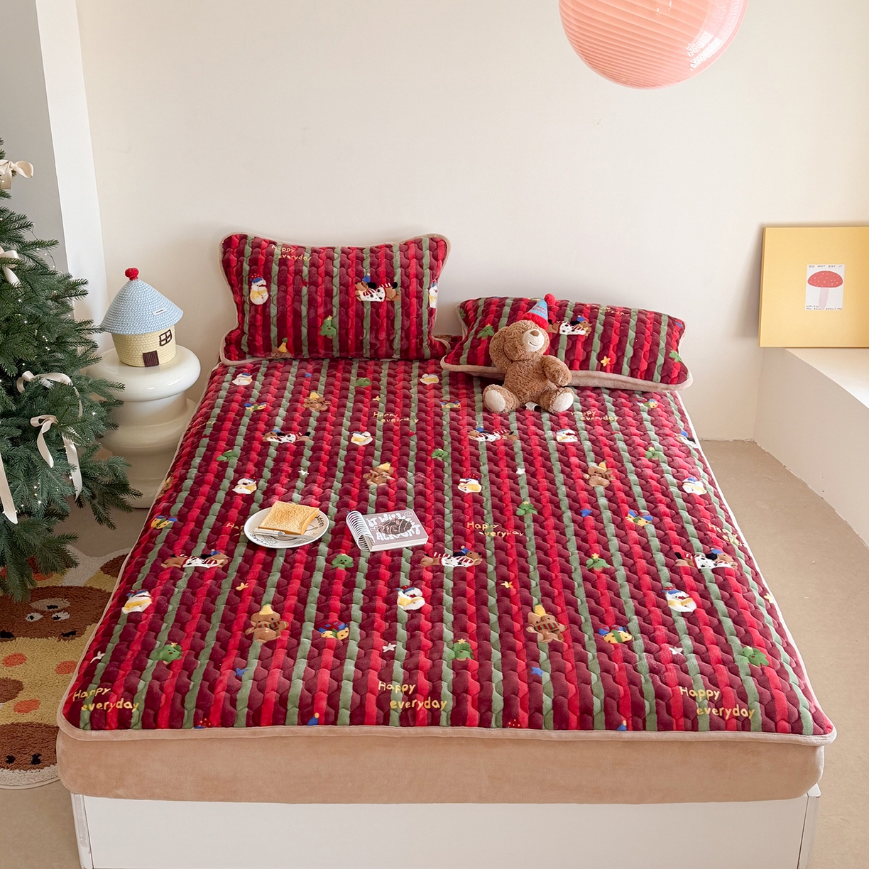 91家纺网 家纺一手货源 找家纺 Sweet dreams甜梦 2025新款高克重牛奶绒印花夹棉床笠圣诞款 糖豆