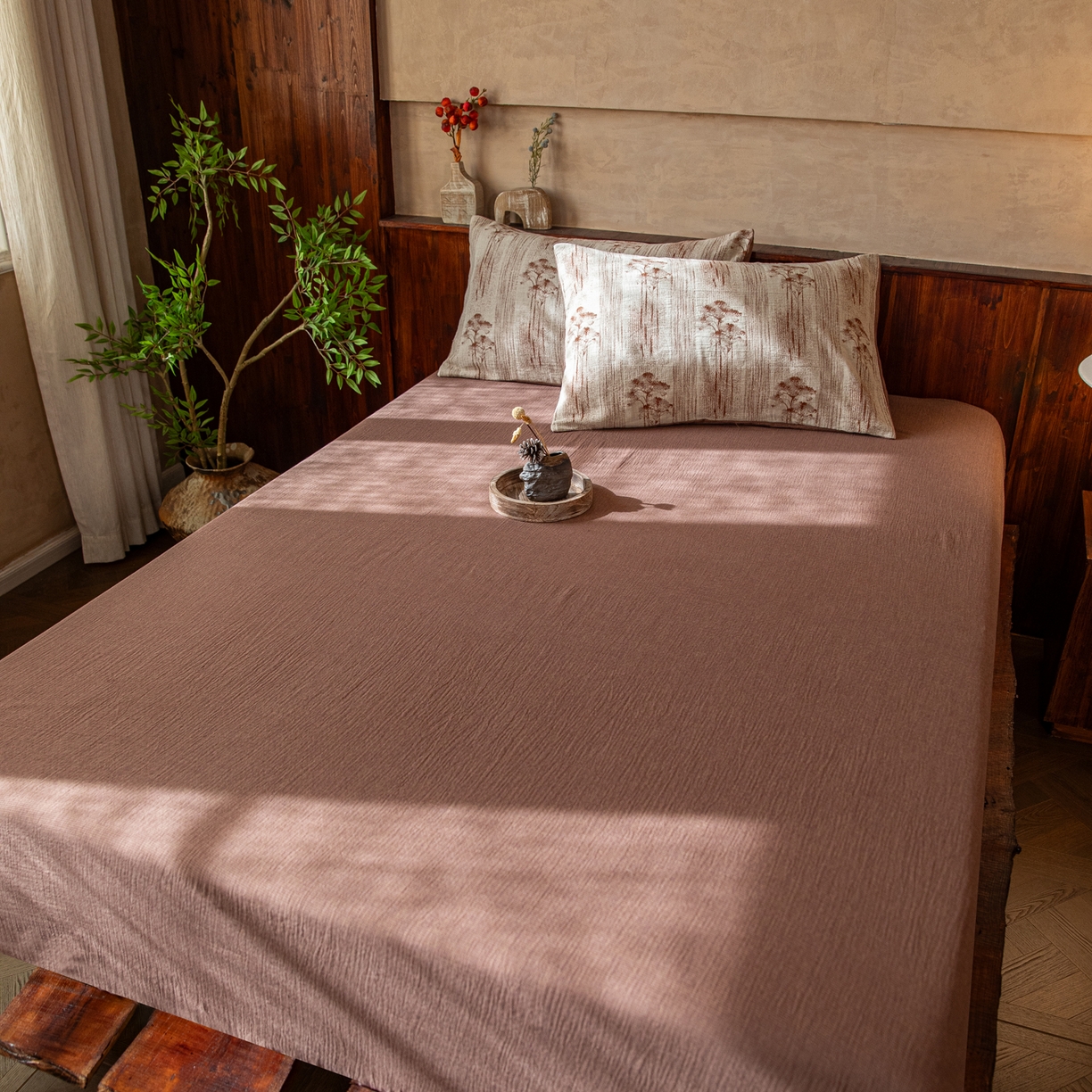 91家纺网 家纺一手货源 找家纺 （总）仰望棉麻双层纱供应链 2025新款全棉纯棉色织提花双层纱四件套-枝漫