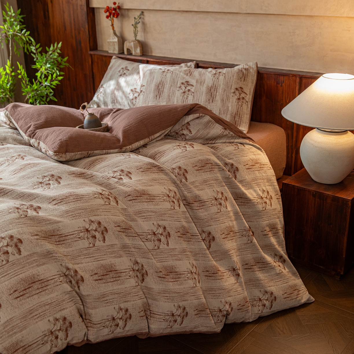 91家纺网 家纺一手货源 找家纺 （总）仰望棉麻双层纱供应链 2025新款全棉纯棉色织提花双层纱四件套-枝漫