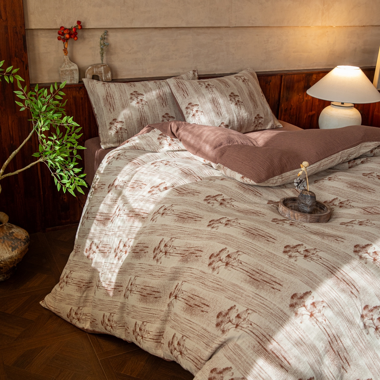 91家纺网 家纺一手货源 找家纺 （总）仰望棉麻双层纱供应链 2025新款全棉纯棉色织提花双层纱四件套-枝漫