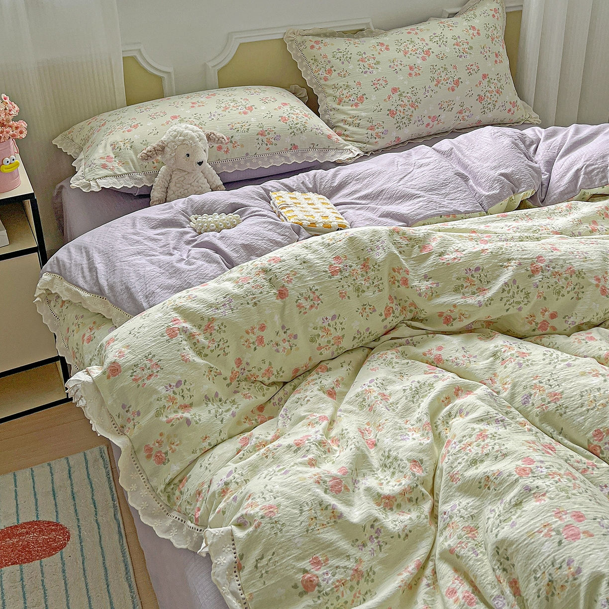 91家纺网 家纺一手货源 找家纺 一比一 2026新款云感皱皱双层纱四件套-全棉花边款【控价99元销售】半夏绿