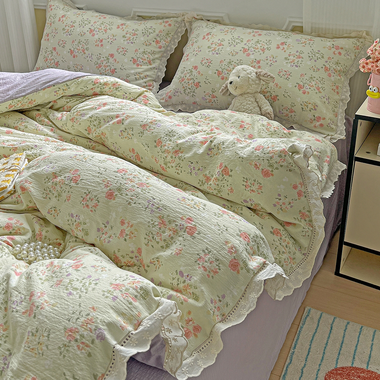 91家纺网 家纺一手货源 找家纺 一比一 2026新款云感皱皱双层纱四件套-全棉花边款【控价99元销售】半夏绿