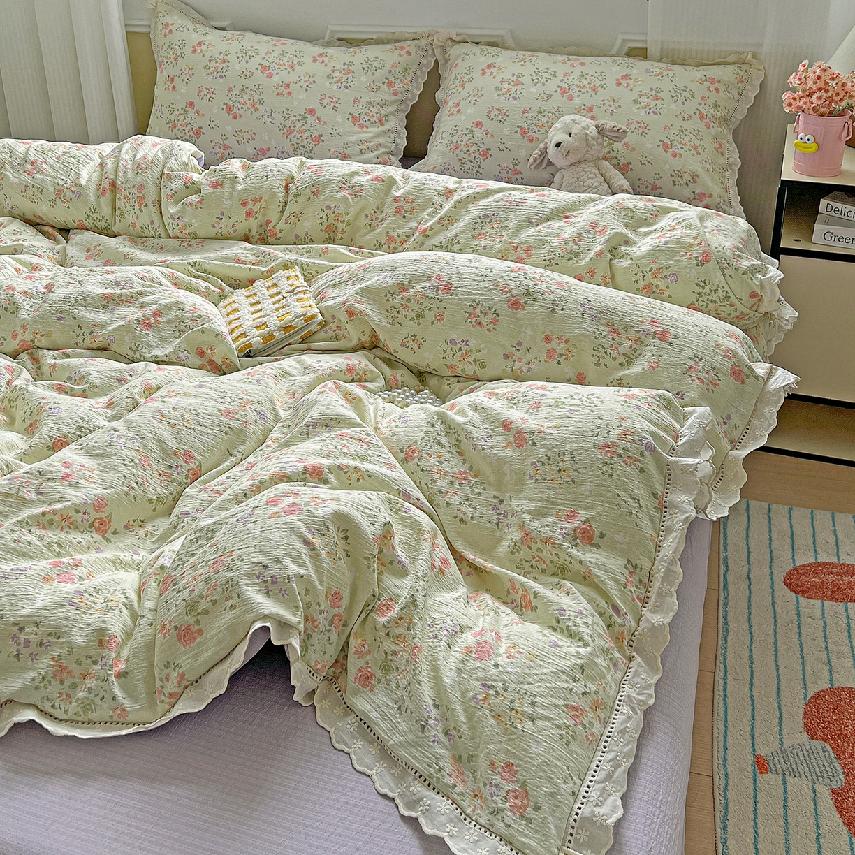 91家纺网 家纺一手货源 找家纺 一比一 2026新款云感皱皱双层纱四件套-全棉花边款【控价99元销售】半夏绿