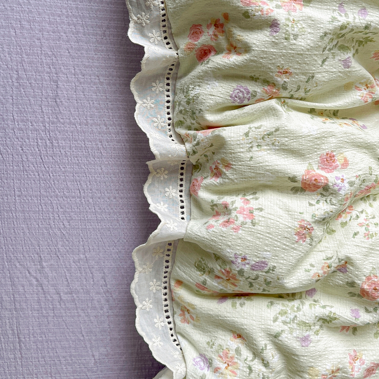 91家纺网 家纺一手货源 找家纺 一比一 2026新款云感皱皱双层纱四件套-全棉花边款【控价99元销售】半夏绿