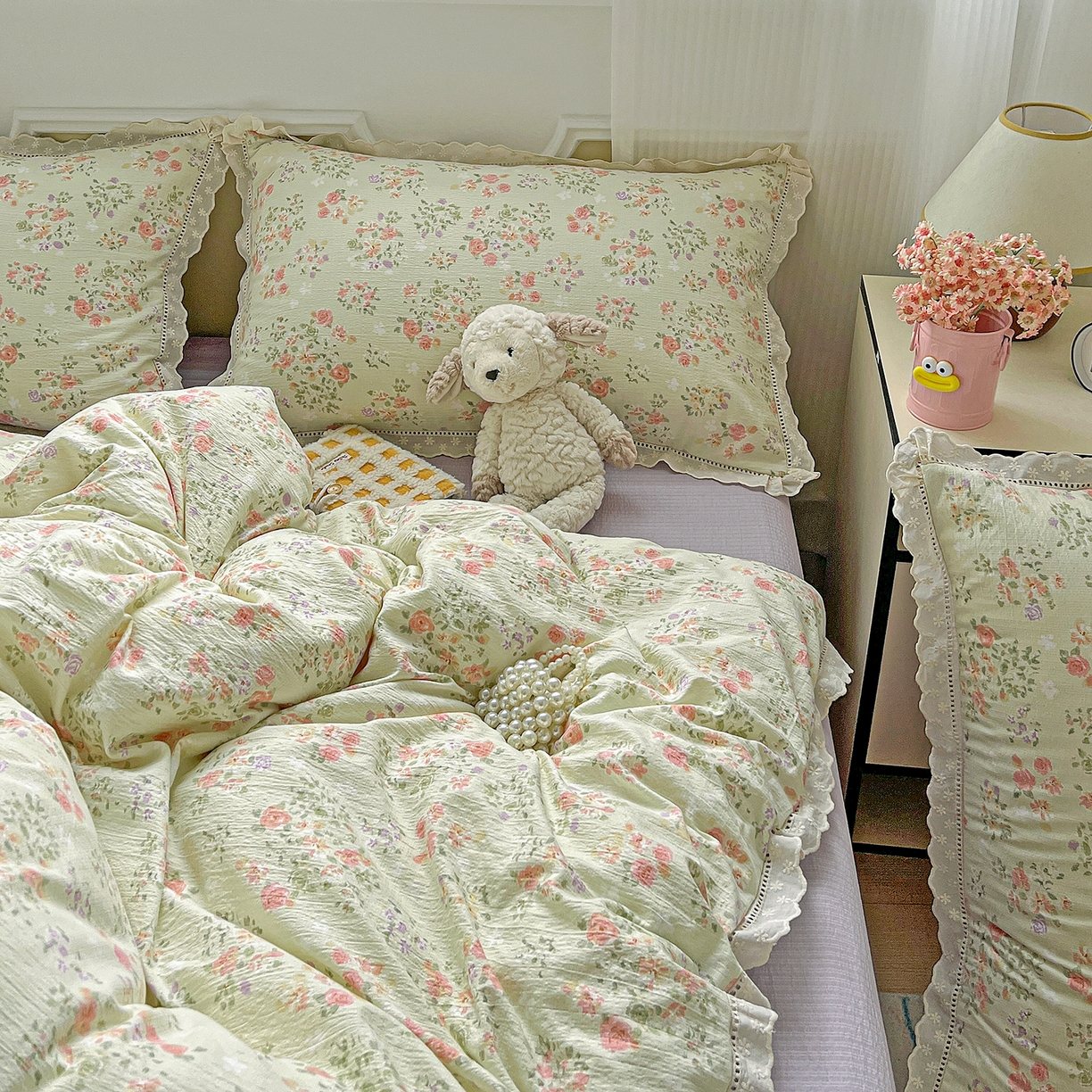 91家纺网 家纺一手货源 找家纺 一比一 2026新款云感皱皱双层纱四件套-全棉花边款【控价99元销售】半夏绿