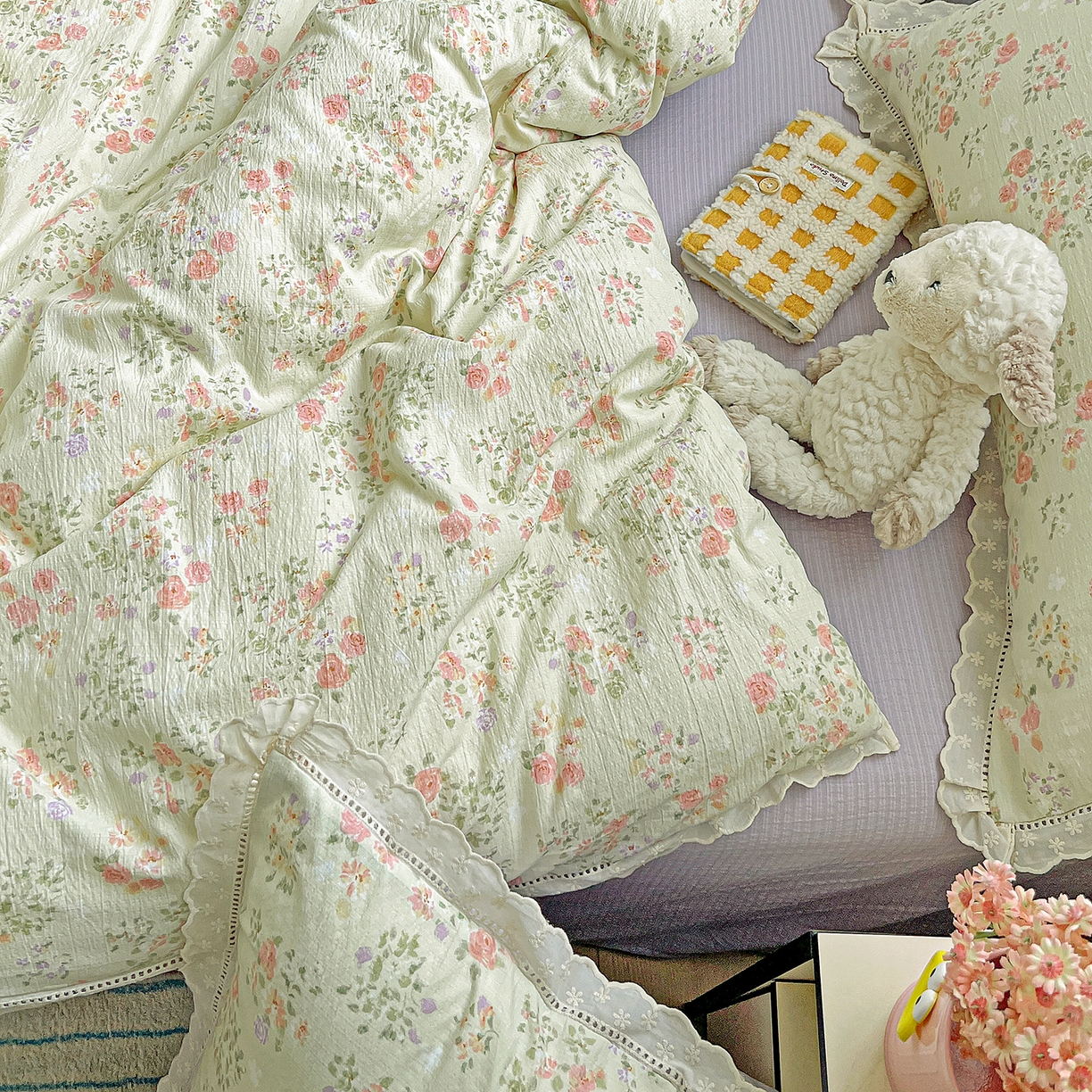 91家纺网 家纺一手货源 找家纺 一比一 2026新款云感皱皱双层纱四件套-全棉花边款【控价99元销售】半夏绿