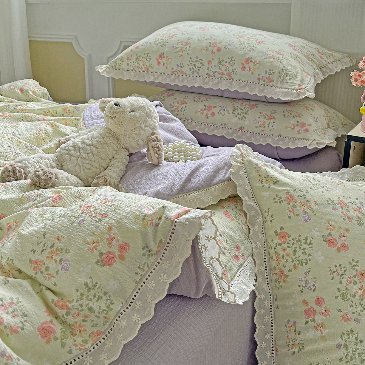 91家纺网 家纺一手货源 找家纺 一比一 2026新款云感皱皱双层纱四件套-全棉花边款【控价99元销售】半夏绿