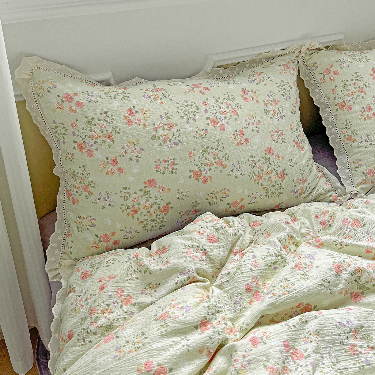 91家纺网 家纺一手货源 找家纺 一比一 2026新款云感皱皱双层纱四件套-全棉花边款【控价99元销售】半夏绿